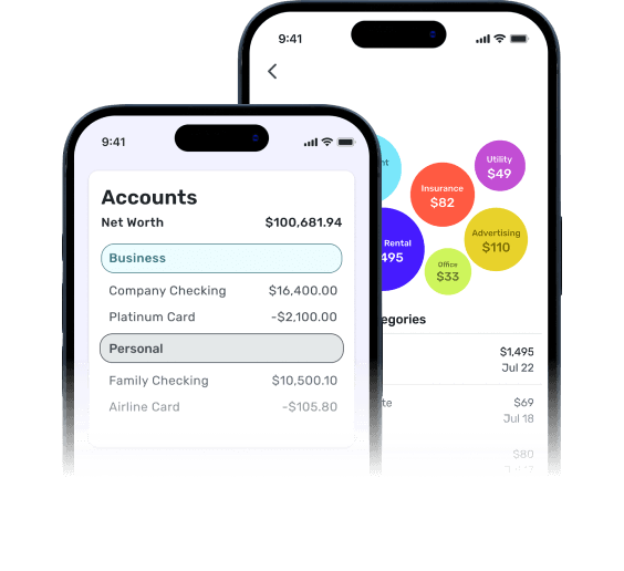 Mobile UI mockups with accounts and analytics